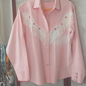 Adobe Rose Pink Western Cowgirl Fringe Tassel Embroidered Pearl Snap Blouse Sz L